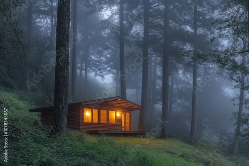 Secluded Cabin in the Fog: A small, cozy wooden cabin