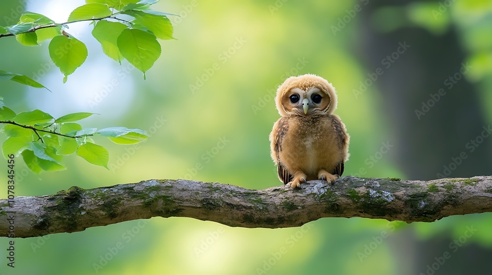 A fluffy brown owl chick perched on a branch in a lush green forest. A fluffy brown owl chick perched on a branch in a lush green forest.