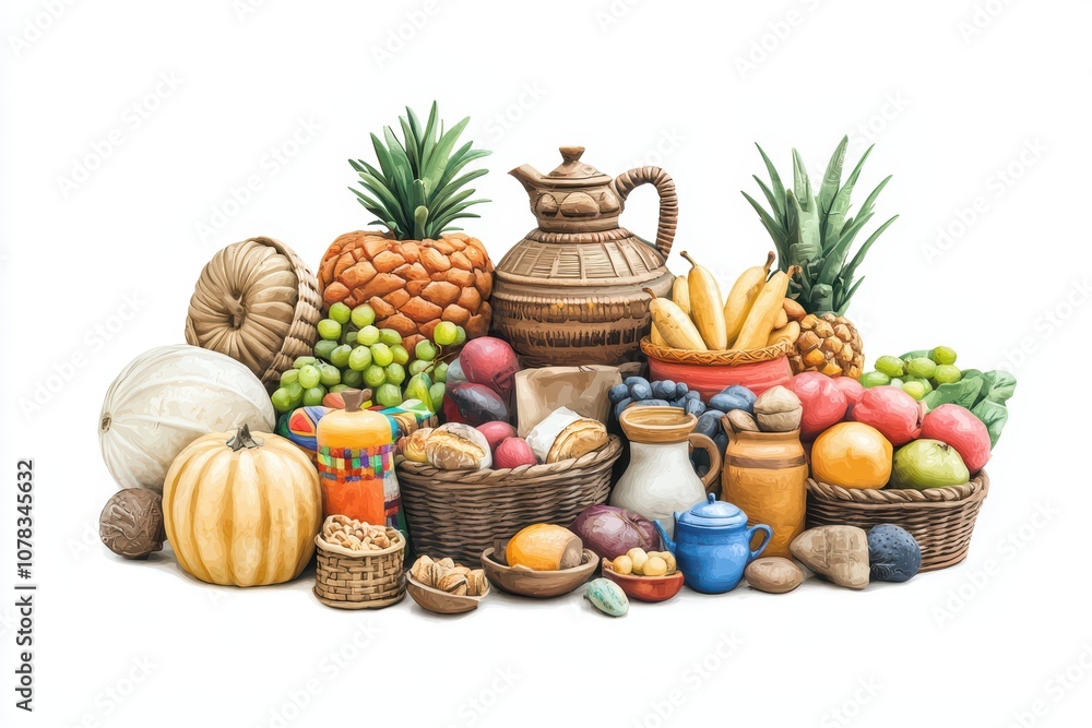 A vibrant arrangement of assorted fruits, vegetables, and pottery on a white isolate background. A vibrant arrangement of assorted fruits, vegetables, and pottery on a white isolate background.