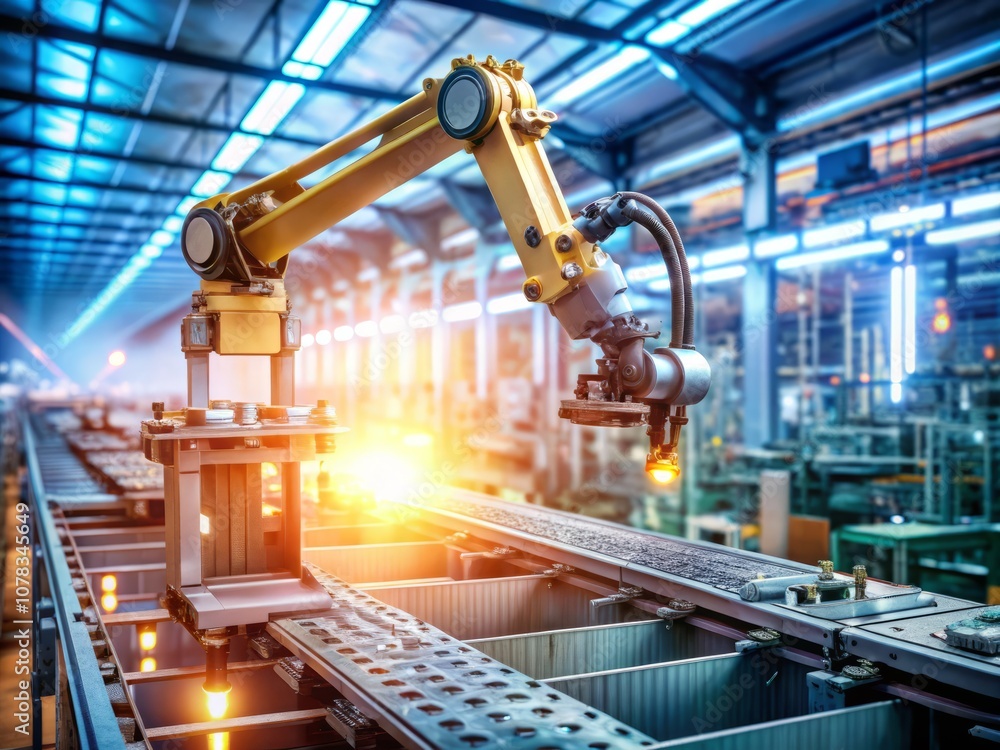 Advanced High Precision Robot Arm in a Bright Electronics Factory, Showcasing Fully Automated PCB Assembly Line and Quality Control in the Electronic Devices Production Industry