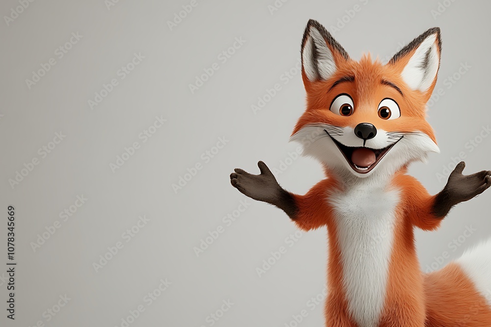 Obraz premium A friendly cartoon fox smiles and gestures with its paws in front of a plain background.