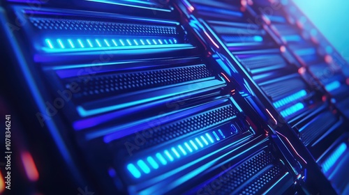 Abstract view of modern server hardware with vibrant blue and purple lighting effects.