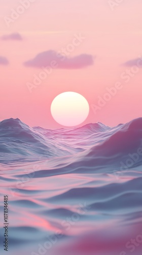 Ocean waves with the sun setting in the background, a pink and blue gradient