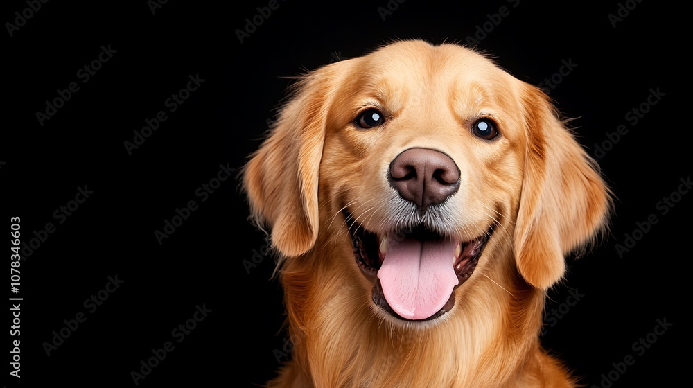 A Golden Retriever dog with brown eyes and a pink tongue smiles at the camera against a black background. A Golden Retriever dog with brown eyes and a pink tongue smiles at the camera against a black background.