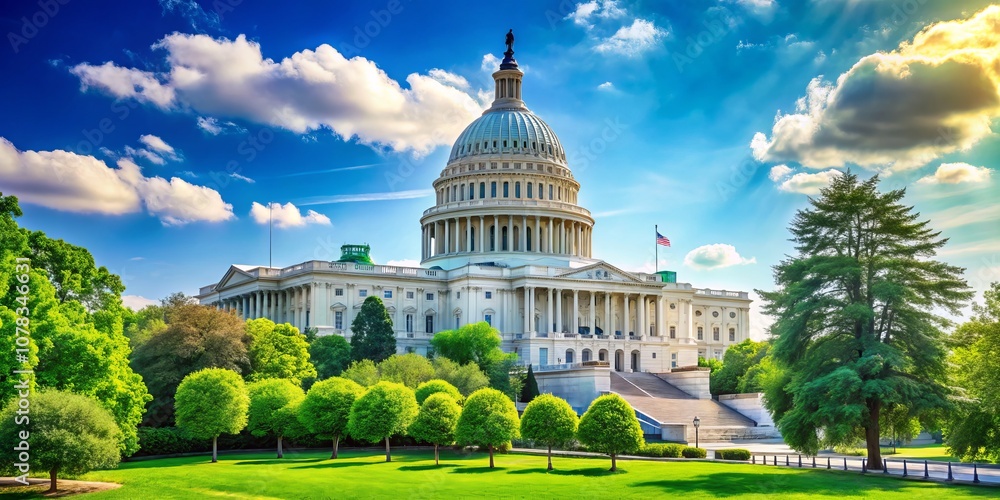 Fototapeta premium Captivating Illustration of the United States Capitol Building in a Beautiful Landscape, Perfect for Government, Architecture, and Civic Themes, with Ample Copy Space for Creative Use