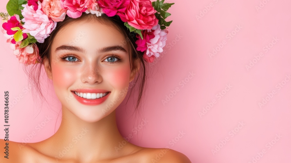 A smiling young woman adorned with a floral crown against a pink backdrop, This image is ideal for beauty, summer, or wellness campaigns, capturing a sense of joy and natural beauty, A smiling young woman adorned with a floral crown against a pink backdrop, This image is ideal for beauty, summer, or wellness campaigns, capturing a sense of joy and natural beauty,