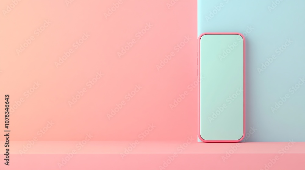A pink phone with a blank screen lies on a pink and blue gradient background. A pink phone with a blank screen lies on a pink and blue gradient background.