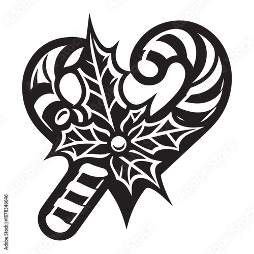 Heart-shaped candy cane and holly design for Christmas. Black and white vector illustration of a heart-shaped candy cane with holly leaves and berries in the center.