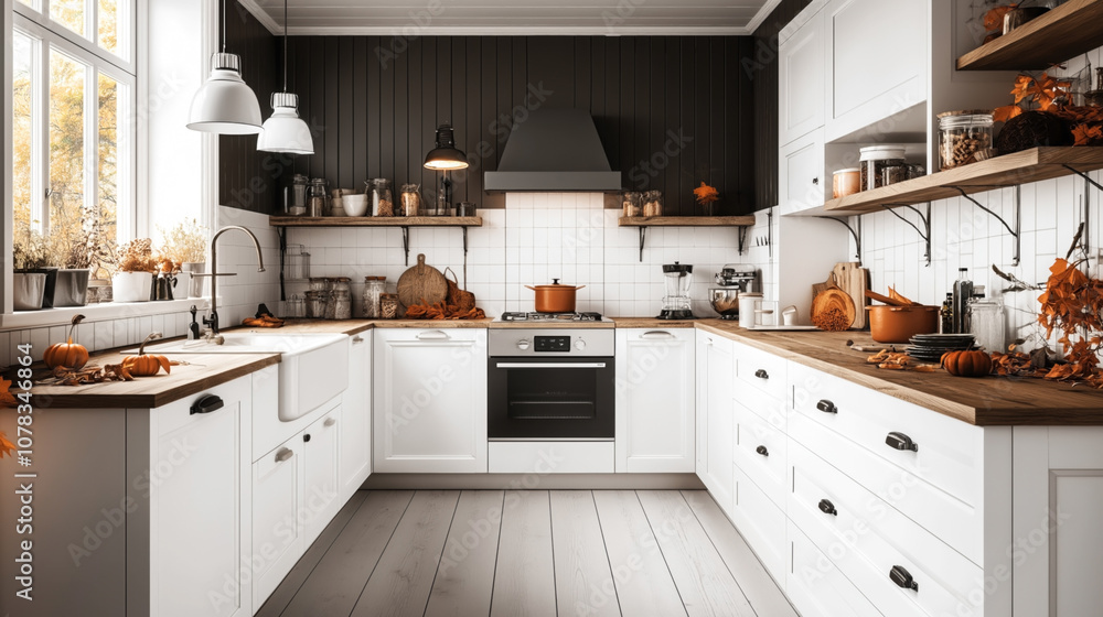 Cozy autumn-themed kitchen with white cabinets, wooden countertops, and fall decorations like small pumpkins and dry leaves, creating a warm seasonal atmosphere. Cozy autumn-themed kitchen with white cabinets, wooden countertops, and fall decorations like small pumpkins and dry leaves, creating a warm seasonal atmosphere.