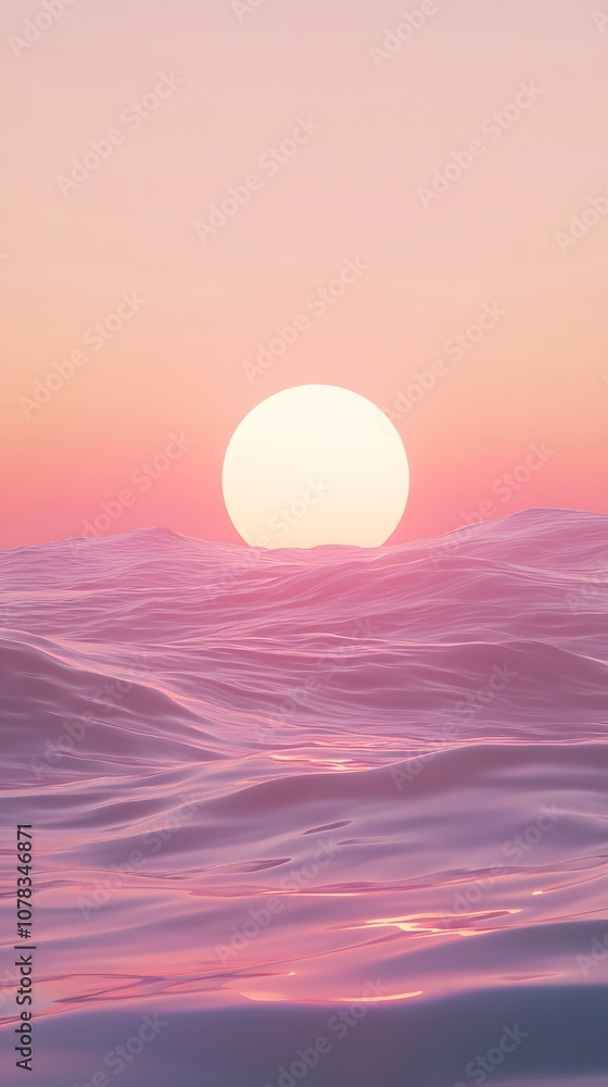 Fototapeta premium Ocean waves with the sun setting in the background, a pink and blue gradient