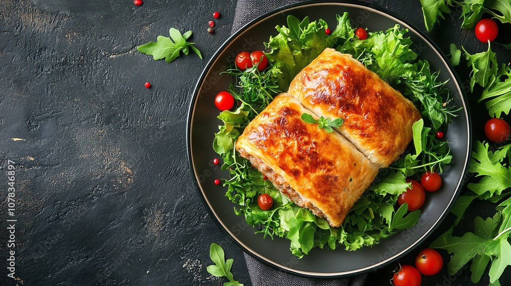 A meat pastry on a bed of salad. A meat pastry on a bed of salad.