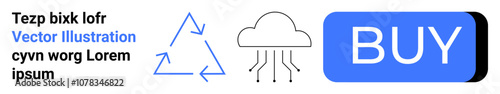 Various diagrams include recycling symbol, futuristic cloud computing icon, and a blue Buy button. Ideal for digital economy, technology, sustainability, e-commerce, internet of things, cloud