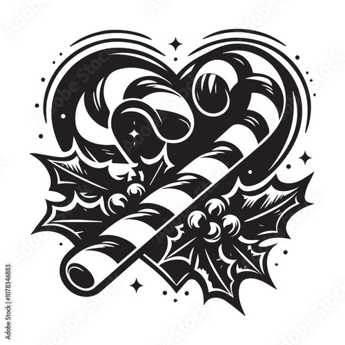 Heart-shaped candy cane and holly design for Christmas. Black and white vector illustration of a heart-shaped candy cane with holly leaves and berries in the center.