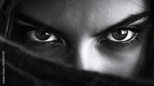 Close-up of a pair of eyes under a dark brow, cold and unfeeling, signaling a calculating mind.