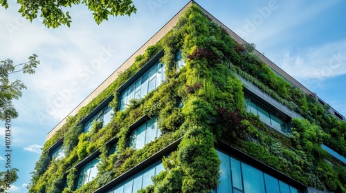 A contemporary structure adorned with lush vertical gardens showcases innovative green architecture. This building emphasizes sustainable waste collection methods in an urban environment