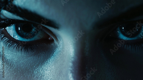 Close-up of a pair of eyes under a dark brow, cold and unfeeling, signaling a calculating mind. photo