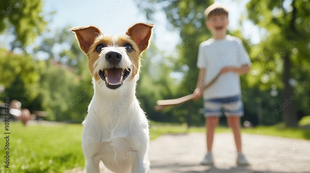 A happy Jack Russell terrier looks at the camera while playing fetch with a young boy in a park. A happy Jack Russell terrier looks at the camera while playing fetch with a young boy in a park.