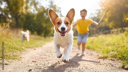 A happy dog runs towards the camera with a boy chasing after him in a sunny park.