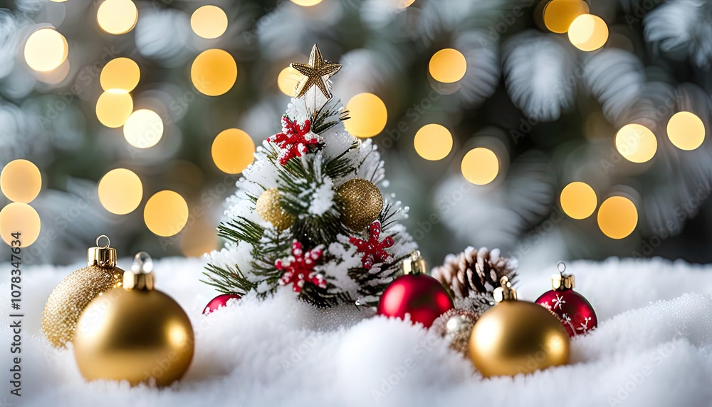 Miniature Christmas tree decorated with golden and red ornaments in snowy setting and bokeh lights Miniature Christmas tree decorated with golden and red ornaments in snowy setting and bokeh lights