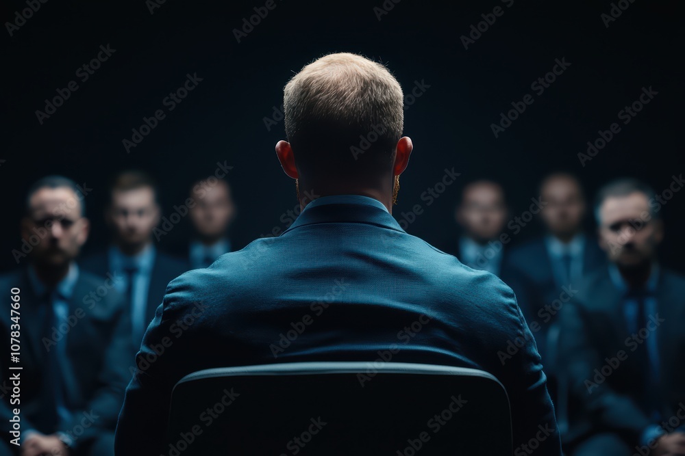 Business meeting with a man in a suit being observed by multiple individuals in suits, dark background. Business meeting with a man in a suit being observed by multiple individuals in suits, dark background.