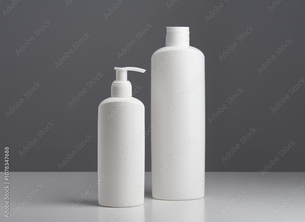White unbranded dispenser bottles isolated on gray background, cosmetic packaging mockup White unbranded dispenser bottles isolated on gray background, cosmetic packaging mockup