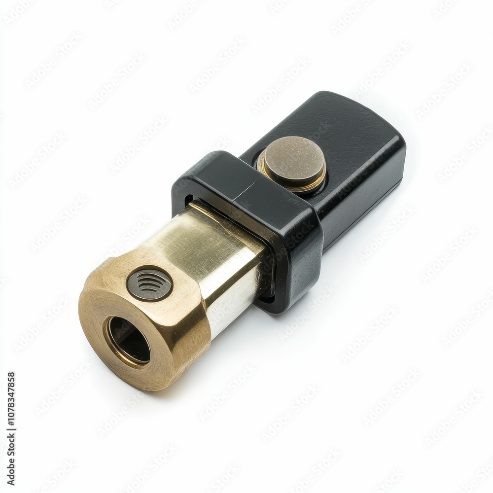 Brass and black metal device with button. Brass and black metal device with button.