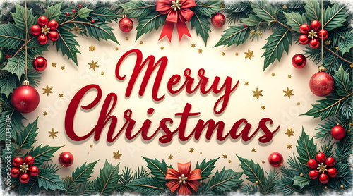 Merry Christmas text background, surrounded by a festive border of leaves, baubles, and other Christmas elements.