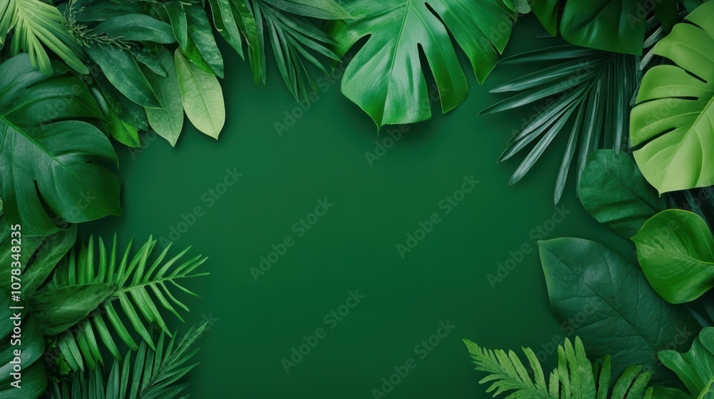 Lush green leaves create a vibrant border on a solid green background, ideal for nature-themed projects, eco-friendly branding, or calming social media posts, Perfect for enhancing wellness content, Lush green leaves create a vibrant border on a solid green background, ideal for nature-themed projects, eco-friendly branding, or calming social media posts, Perfect for enhancing wellness content,