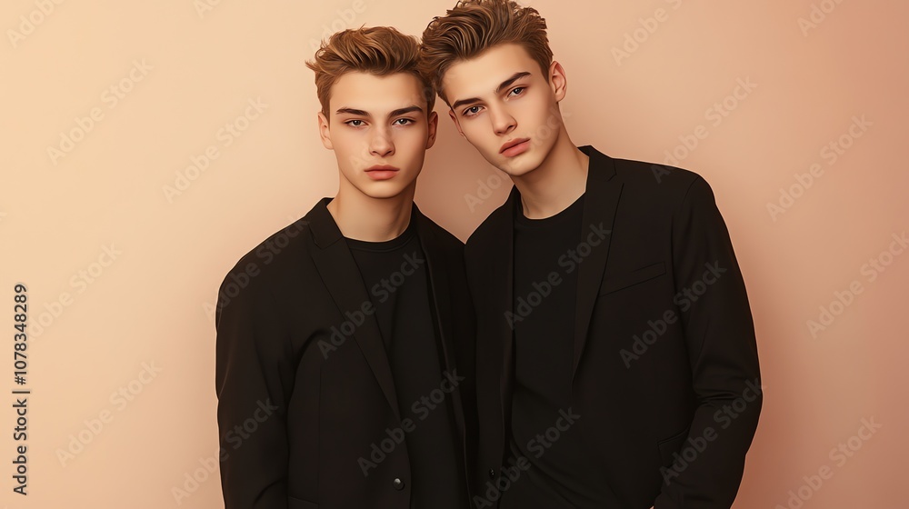 Twin brothers wearing black blazers, standing back-to-back. Twin brothers wearing black blazers, standing back-to-back.