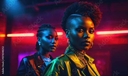 Two women stand in a club lit by vibrant neon lights