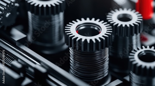 Close-up of intricate gears and spools in a mechanical assembly against a dark background.