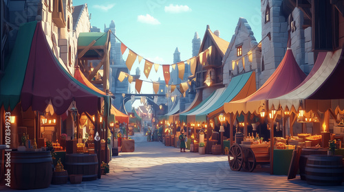 Medieval Marketplace At Dawn With Colorful Stalls And Stone Buildings