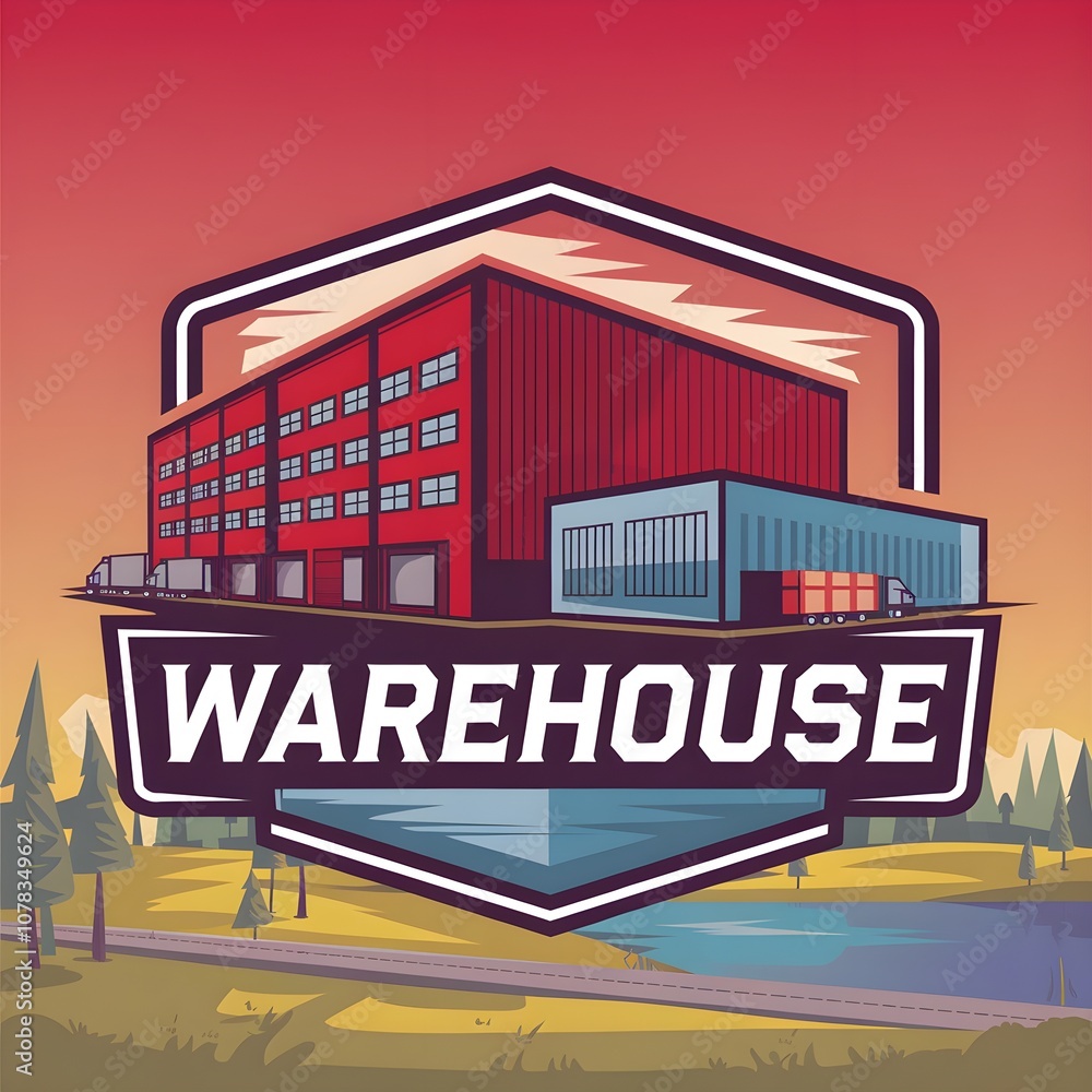A logo design for a warehouse. There's a large, red, warehouse A logo design for a warehouse. There's a large, red, warehouse