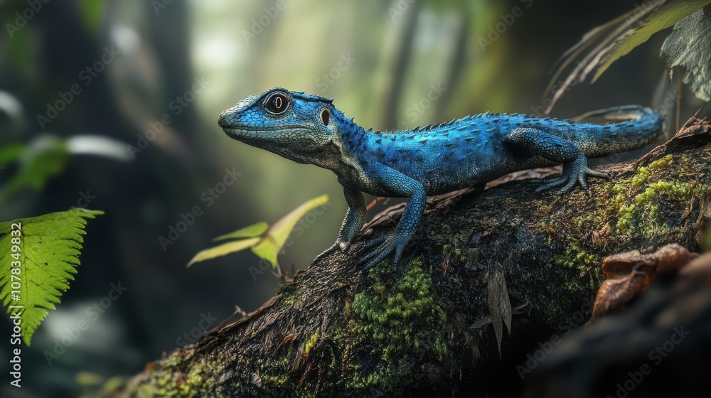 Obraz premium A vibrant blue lizard perches on a mossy log, its bright eyes staring intently into the distance.