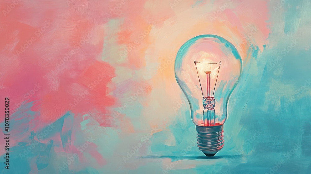 A single lightbulb glows brightly against a soft pink and blue background. A single lightbulb glows brightly against a soft pink and blue background.