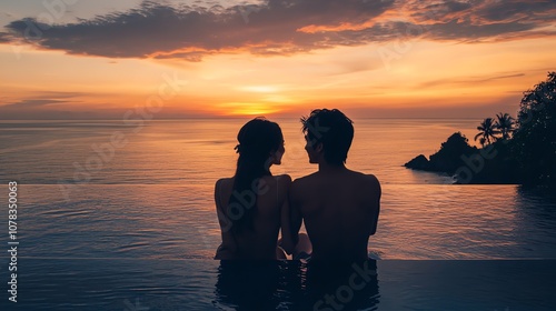 A couple sits by a pool watching the sunset over the ocean.