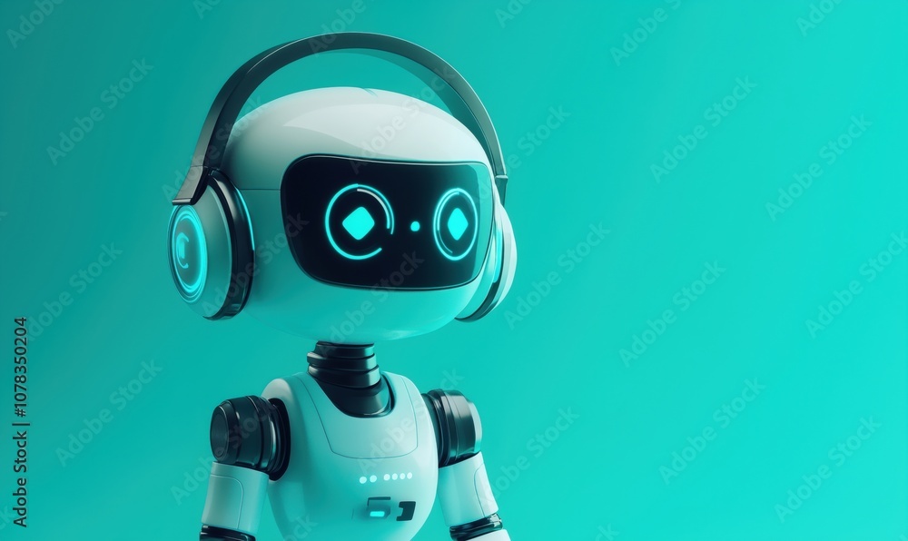 Robot with headphones, futuristic design, glowing features, turquoise background Robot with headphones, futuristic design, glowing features, turquoise background