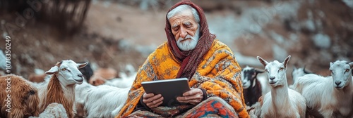 Elderly Shepherd Embraces Technology, Using Digital Tablet While Tending His Flock of Goats