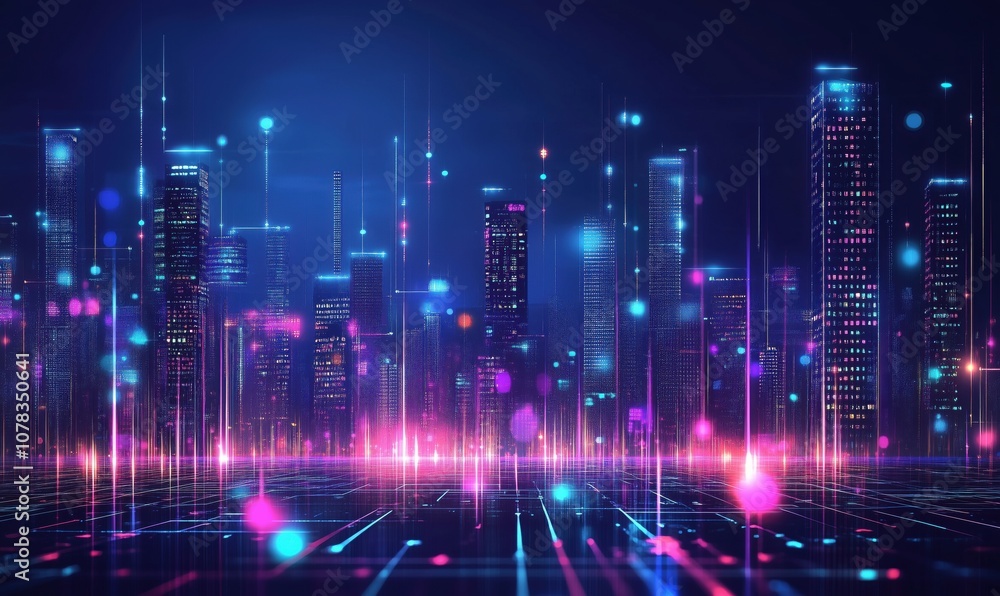 Futuristic city skyline with neon lights and digital elements Futuristic city skyline with neon lights and digital elements