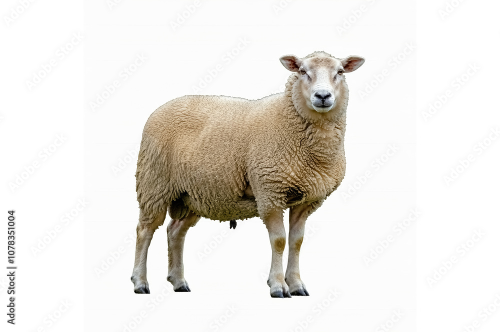 Fototapeta premium Full-body sheep standing on a white background.