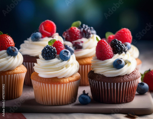 Vanilla cupcakes topped with cream frosting and fresh berries on wooden surface.