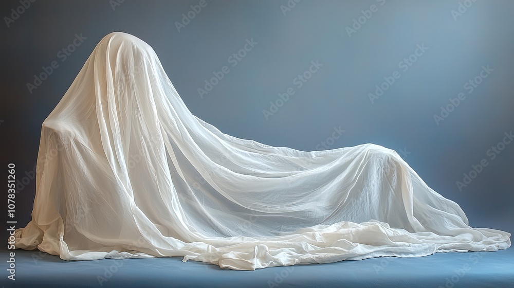 A draped figure covered in translucent fabric, creating an ethereal and ghostly appearance. A draped figure covered in translucent fabric, creating an ethereal and ghostly appearance.