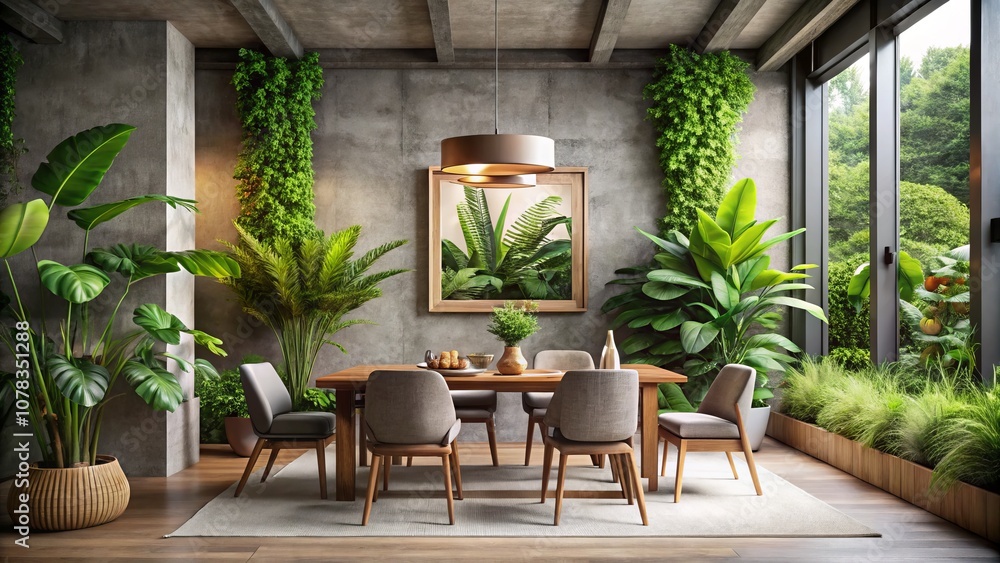 Obraz premium Modern Tropical Dining Room Interior Design Featuring an Empty Frame Mockup Against a Concrete Wall Surrounded by Lush Greenery for a Fresh and Inviting Atmosphere