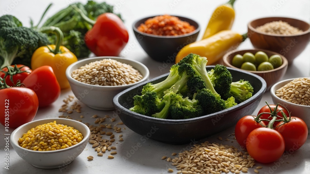 Fresh and wholesome dinner ingredients with vegetables and grains Fresh and wholesome dinner ingredients with vegetables and grains