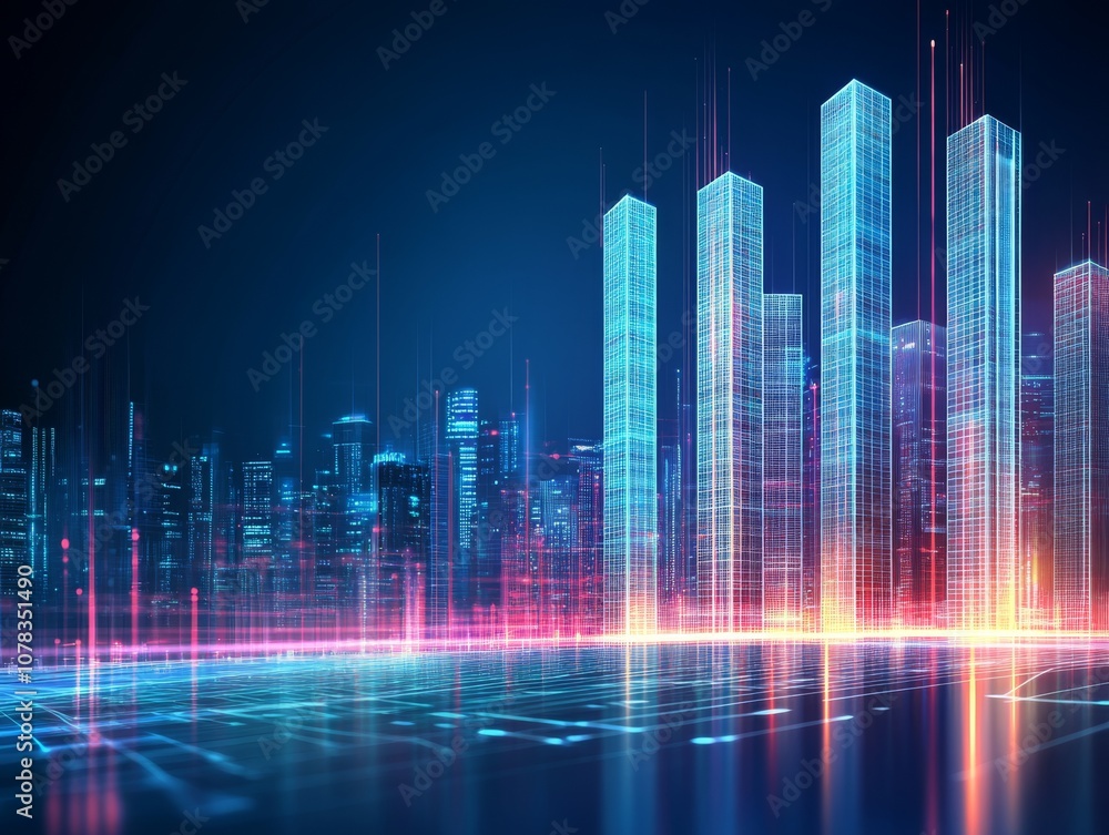 Architectural Blueprint of High-Rise Building with Digital Lines and Technical Elements on Dark Blue Background Architectural Blueprint of High-Rise Building with Digital Lines and Technical Elements on Dark Blue Background