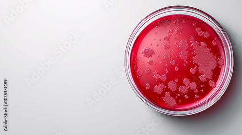A round petri dish filled with vibrant red agar, featuring various bubbly growth patterns against a light background.
