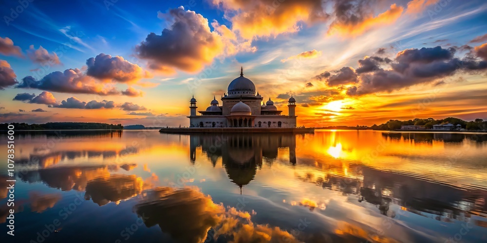 Fototapeta premium Panoramic Silhouette of a Grand Dome Building on an Island Reflected in Calm Waters at Sunset with Dramatic Cloudy Sky