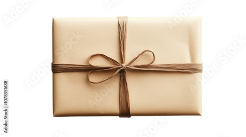  elegant package gift wrapped in brown paper and tied with twine isolated on transparent background