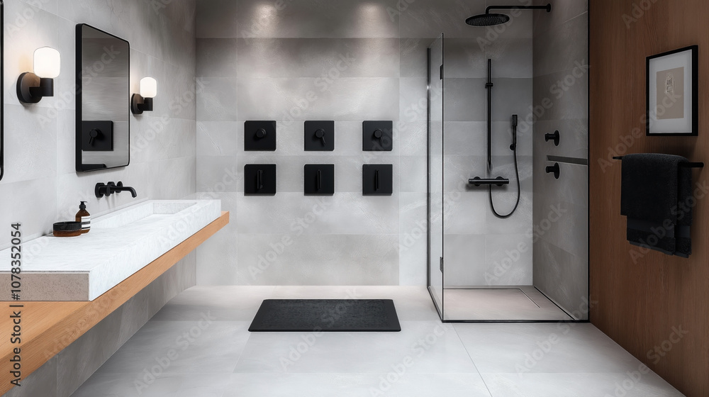 Modern minimalist bathroom with gray tiles, a floating sink, black fixtures, glass shower enclosure, and wall-mounted lights. Modern minimalist bathroom with gray tiles, a floating sink, black fixtures, glass shower enclosure, and wall-mounted lights.