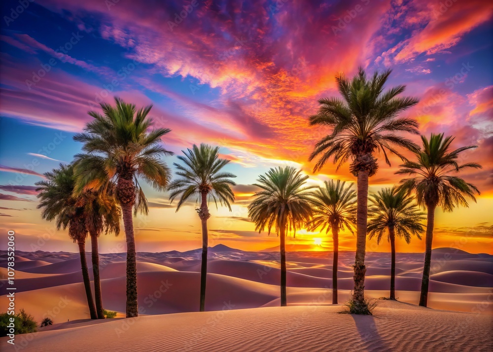 Serene Desert Landscape at Sunset Featuring Lush Palm Trees Against a Colorful Sky with High Depth of Field, Ideal for Nature and Travel Imagery Serene Desert Landscape at Sunset Featuring Lush Palm Trees Against a Colorful Sky with High Depth of Field, Ideal for Nature and Travel Imagery
